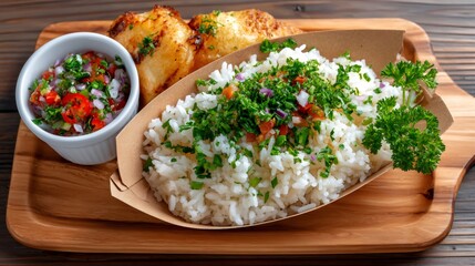 Fresh rice, salsa, and garlic bread on wooden tray