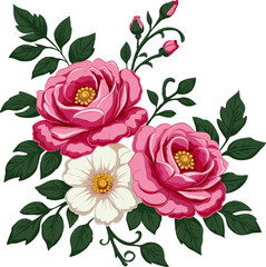 Pink Rose and White Flower Botanical Illustration