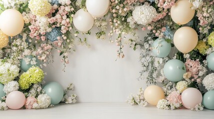 Realistic spring floral balloon wall with white floor and soft neutral colors, elegant event decor background