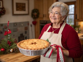 grandmother with holiday pie. A photo of a woman in a warm, festive setting. She is an older Caucasian woman with a cheerful expression, wearing a red outfit with a festive feel