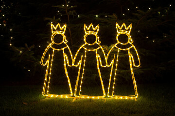 Three Wise Men Christmas Lights Decoration On Grass At Night outdoor garden