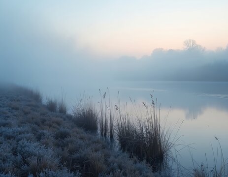 Misty riverbank with frosty grass and tall reeds. Calm water reflects dim sky colors. Bare trees disappear into thick fog on distant shore. Quiet nature scene.