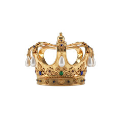 Elaborate Golden Crown Adorned with Pearls and Blue Green Jewels Isolated on Black Background Studio Lighting Soft Realistic Regal Symbol of Power and Royalty
