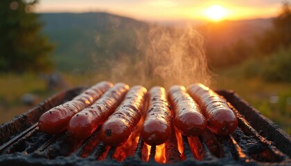 Several sausages sizzle on a backyard barbecue grill outdoors at sunset. Smoke rises from the hot coals below, creating a warm atmospheric glow. These meats cook to perfection for a family meal.