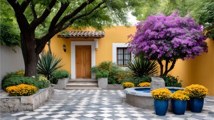 Fototapeta premium Traditional hacienda courtyard featuring vibrant bougainvillea and fountain