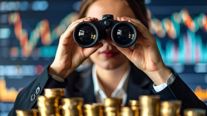 Businesswoman looks through binoculars at money. - Powered by Adobe