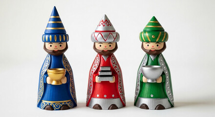 Three Wise Men figures with gifts on white background nativity