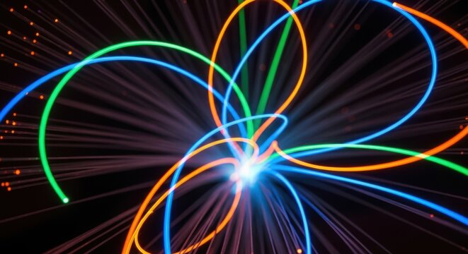 Dynamic abstract network of vibrant fiber optic cables glowing with modern energy, perfect for technology or communication themes, innovation and connectivity