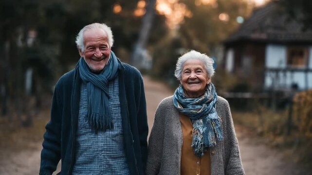 Happy Elderly Couple Smiling Outdoors in a Peaceful Rural Setting