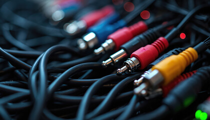 Close up shot shows messy bunch of RCA cables. Cables in red yellow blue are tangled. System cables for data transmission concept. Different color wires chaos. Tech components background.