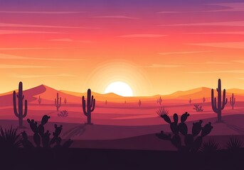 Abstract desert landscape with cacti at sunset or sunrise illustration