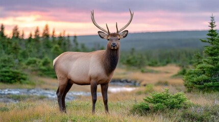 Obraz premium Bull elk standing in field at sunset