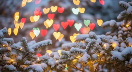 Magical winter scene with heart shaped bokeh lights on snowy pine branches for Christmas, Valentine's Day, or romantic holiday designs
