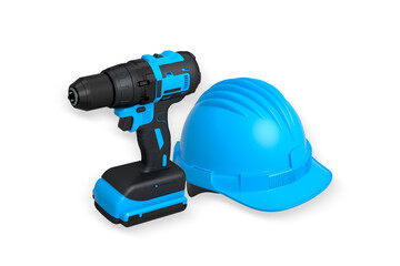 Cordless drill and safety helmet isolated on white background with clipping path. Concept of construction, safety, and power tools