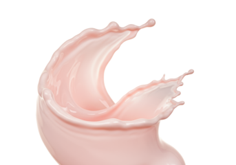 ultra-realistic, viscous strawberry milk splash, pastel pink, frozen mid-air in a perfect cresting wave, macro detailed against a transparent background, high contrast lighting. concept for