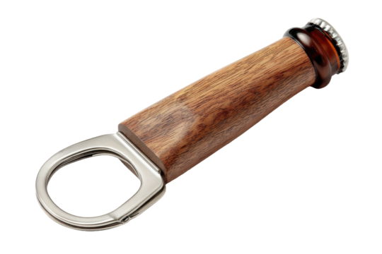 Wooden bottle opener with metal end, bottle-shaped handle