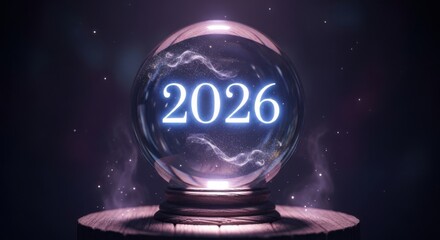Envision 2026 with a glowing crystal ball, promising fortune and a bright future perfect for new year campaigns and mystical predictions