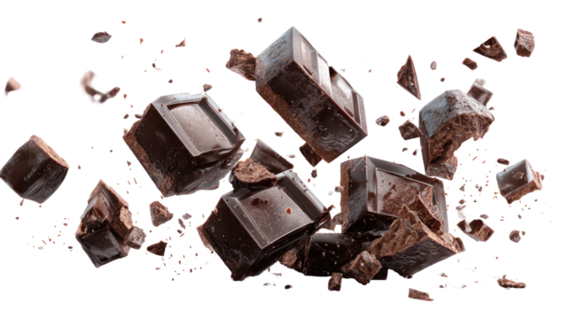 Dark chocolate chunks and fragments floating in the air