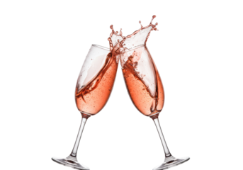 two elegant crystal tulip flutes clinking, vibrant rosé sparkling wine splashing upwards, droplets frozen mid-air on a high-key white background. concept for beverage advertising