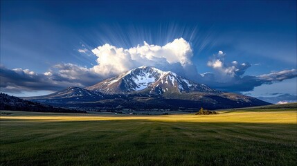 A dramatic landscape featuring a snow-capped mountain under a vibrant blue sky with sunbeams radiating from behind a large cloud.
