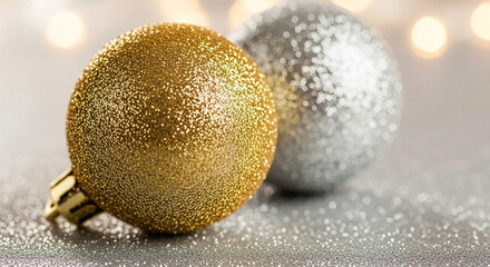 Two glittery Christmas baubles in gold and silver on a sparkling surface Keywords: christmas