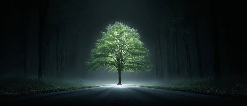 Enchanting luminous green tree glowing in dark mystical forest at night fantasy nature background for magical landscape design and dreamy wallpaper