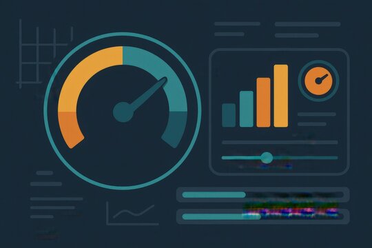 Analytical dashboard visualizing data trends with speedometer gauges and metrics for performance tracking and analysis in a modern digital workspace environment