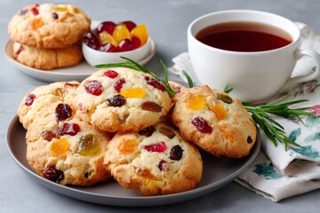 Fruitcake cookies with dried fruit and a cup of tea