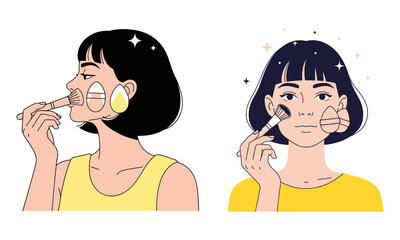 Woman applying facial makeup with brush and sponge, beauty routine illustration
