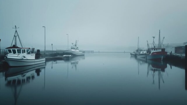 Misty morning at a tranquil fishing harbor with boats docked, calm water reflecting the foggy sky, serene maritime scene