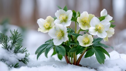 Hellebore flowers blooming through snow in winter garden