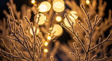 Magical winter wonderland with frosted branches and enchanting bokeh lights, perfect for holiday cards, festive designs, and cozy seasonal projects