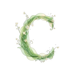 Elegant Letter C Formed From Delicate Green Leaves Delicate White Flowers and Golden Sparkles On Transparent Background