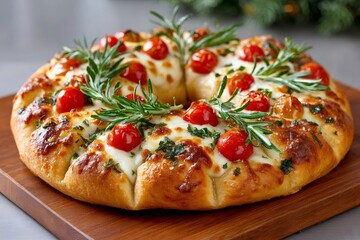Christmas wreath focaccia bread with cheese and cherry tomatoes