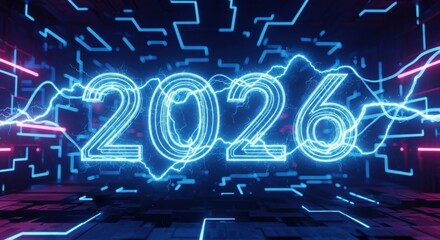 Electrifying 2026 concept for future technology, innovation, and predictions, symbolizing powerful advancements and new possibilities in a dynamic digital world