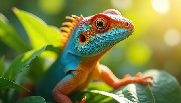 Close view of a bright blue and orange lizard. Small reptile sits on green leaves in warm sunlight. Its scales show texture, its eye focused forward, looking alert.