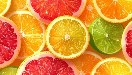 Vibrant assortment of freshly sliced citrus fruits in a seamless pattern. An ultra-realistic display of juicy oranges, lemons, limes, and grapefruits