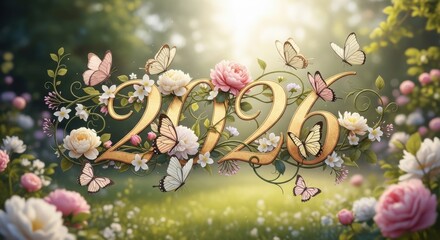 Welcome 2026 with elegant floral beauty and delicate butterflies, perfect for a fresh start and new beginnings in the coming year