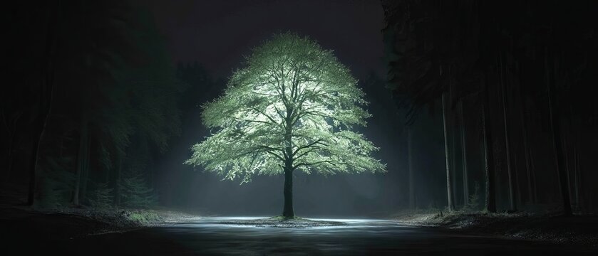 Enchanting luminous green tree glowing in dark mystical forest at night fantasy nature background for magical landscape design and dreamy wallpaper
