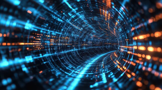 A digital tunnel with blue and orange lights creating a futuristic and technological atmosphere