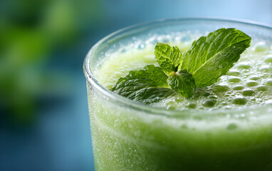 Healthy Smoothie Close-up.——Close-up of a green smoothie glass, with blurred background, representing healthy drinks and an active lifestyle.