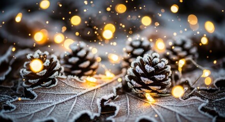 Capture the magic of winter with frosted pine cones and sparkling lights for holidays and celebrations, evoking cozy and festive feelings this season