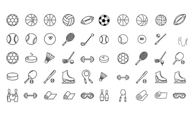 Sports equipment and fitness activities line icons set for web design and apps
