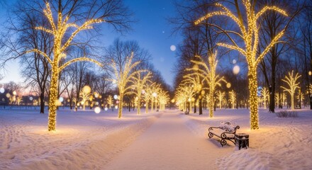 Enchanting winter park scene with snow-covered ground and trees adorned with glowing lights creating a magical holiday atmosphere for celebrations