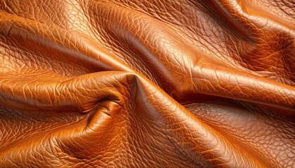 A detailed macro photograph of a rich, warm brown genuine leather surface, showcasing its natural grain, texture, and supple folds