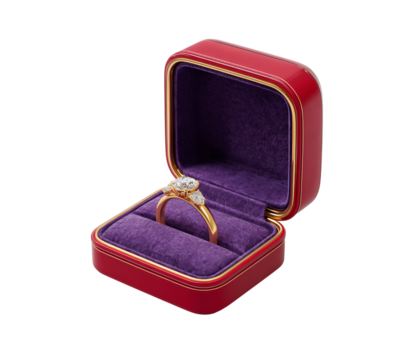 Open red ring box with diamond ring isolated on a transparent background