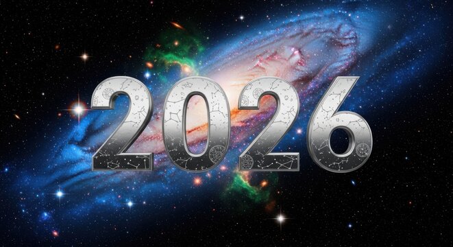 Welcome 2026 with a cosmic celebration and star-filled skies, perfect for futuristic designs, new year greetings, and celestial events announcements
