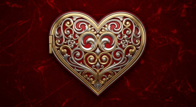 Intricate gold and silver heart locket on a deep red background, conveying love, romance, and vintage elegance for valentines day and special occasions