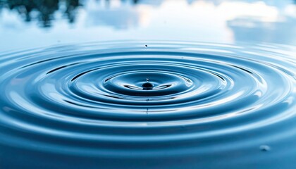Close-up view of concentric ripples spreading outwards from a raindrop hitting a calm, blue water surface, creating a mesmerizing pattern