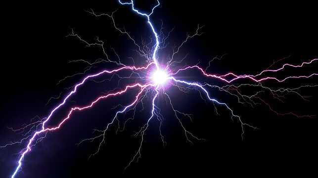 Powerful electrical round discharge hitting from side to side realistic vector illustration isolated on black background. Blazing lightning circle strike in darkness Electric energy flash light effect